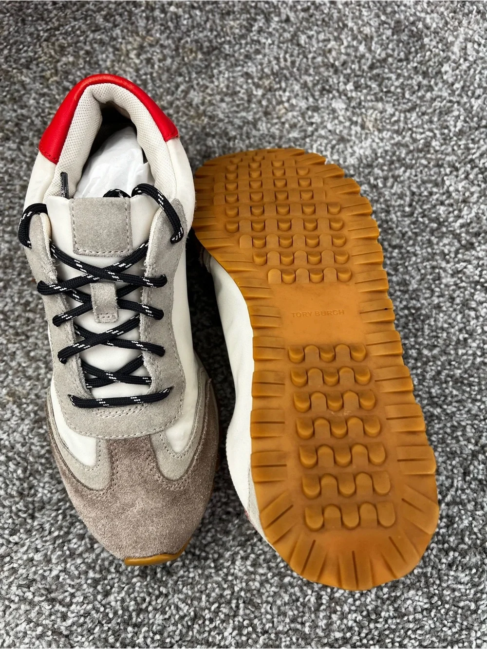 Tory Burch Men's Suede & Mesh Sneakers - White, Taupe & Red - Picture 4 of 8
